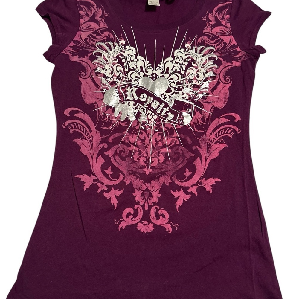 SELF ESTEEM Royalty Tee Shirt Top Womens Large Purple & Silver Slim Fit Blouse - Picture 14 of 14